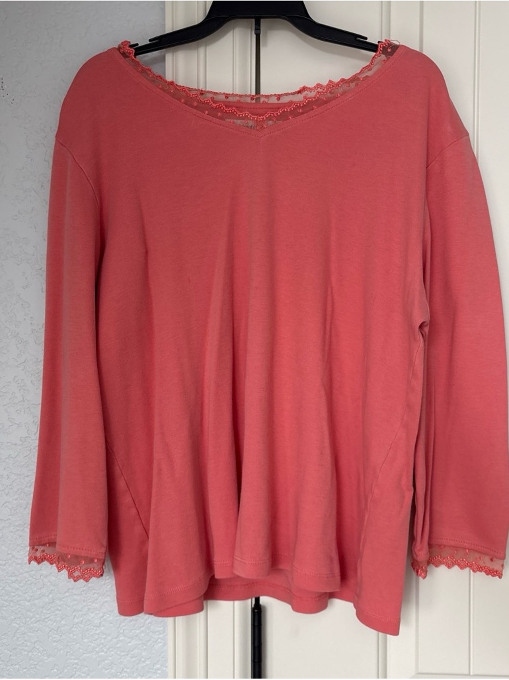 Coldwater Creek Coral Lace-Trim V-Neck Long Sleeve Top